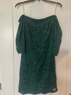 Crystal Doll Emerald Green Off-Shoulder Lace Sequin Mini Dress